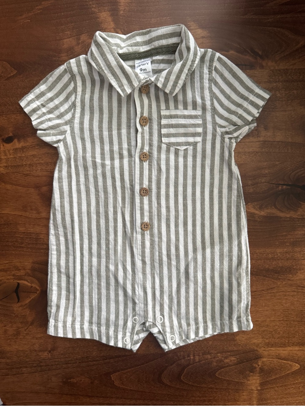 Carter’s Cotton Vertical Stripe Sage Green Button Down Romper Neutral 9 Months